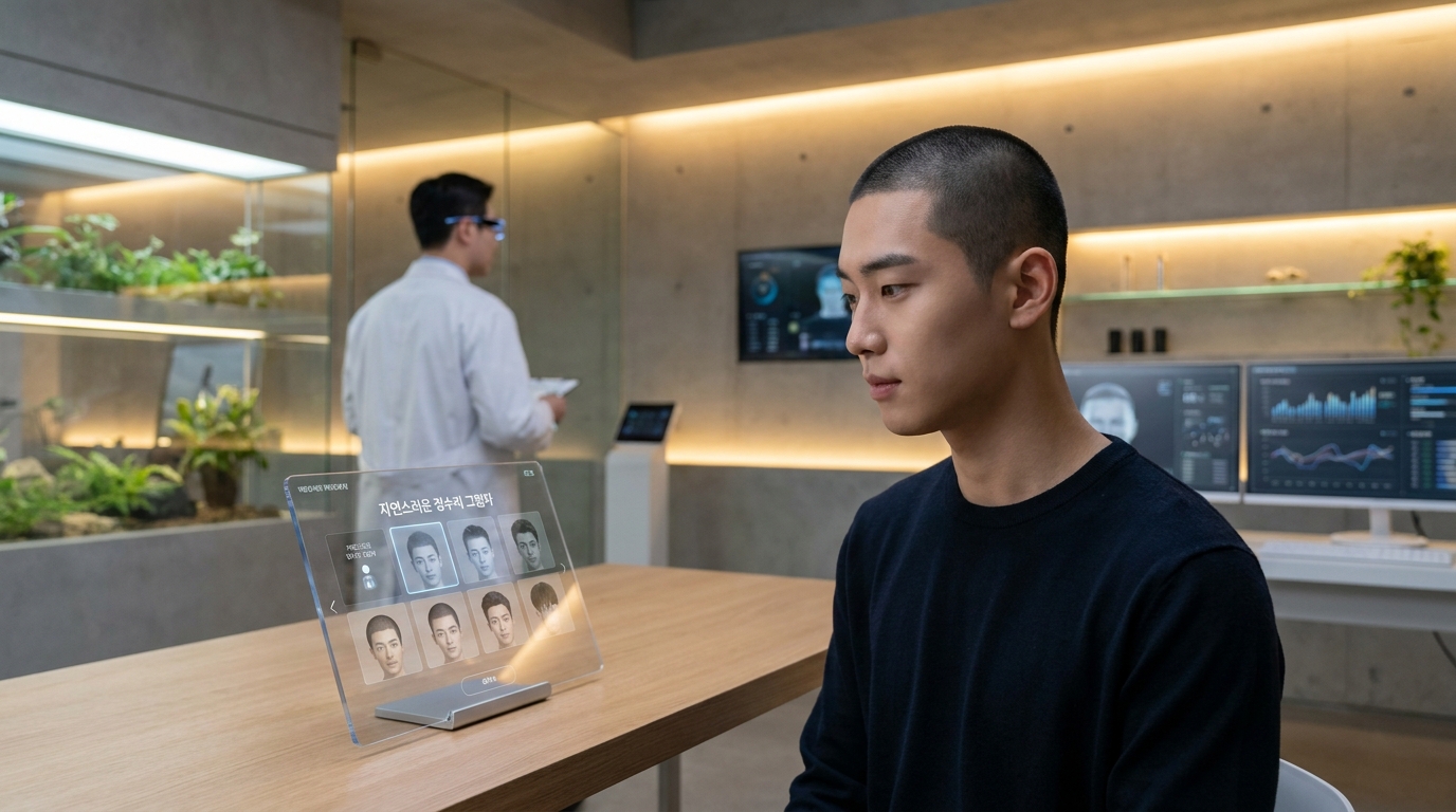 AI 기술로 정밀하게 구현된 3mm 반삭발 머리와 자연스러운 두피 그림자 클로즈업