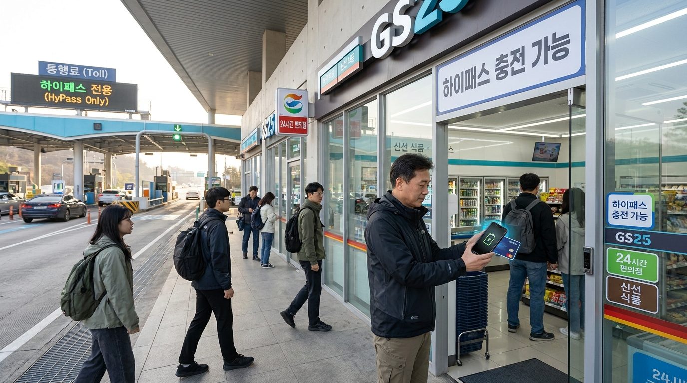 고속도로 톨게이트 근처 편의점에서 스마트폰 NFC를 이용해 하이패스 카드를 충전하는 한국인 모습을 담은 실사 이미지