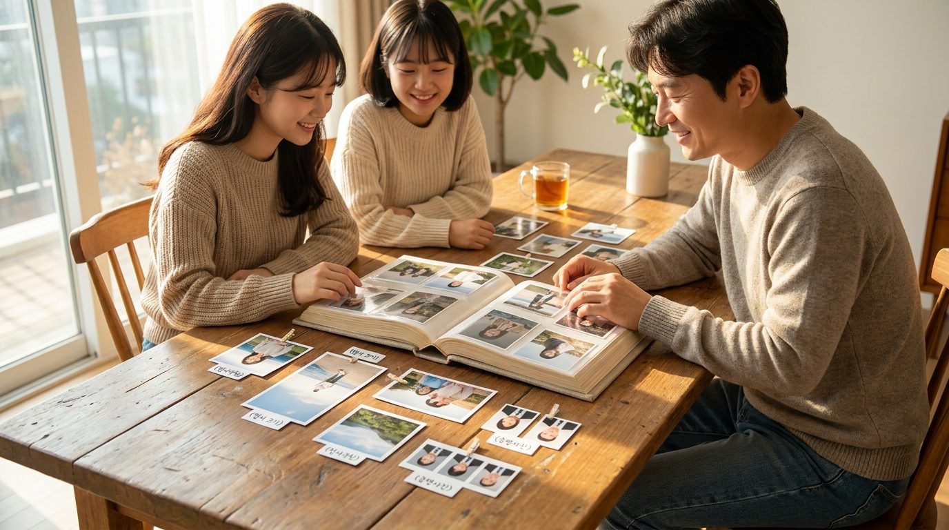 정리된 사진 앨범과 다양한 크기의 인화 사진이 펼쳐진 홈 풍경