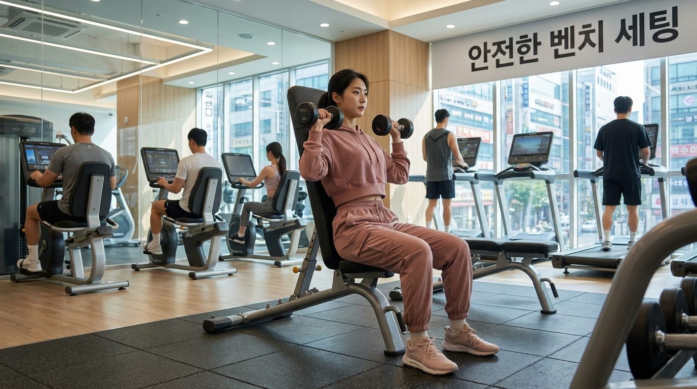 안전한 벤치 각도와 앉은 자세를 보여주는 한국 여성의 피트니스 자세 이미지