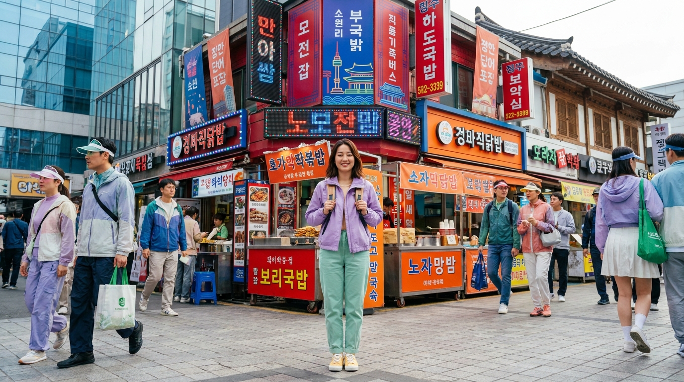 여행지 배경 앞에서 옷 색상과 패턴이 배경과 어울리지 않아 아쉬워하는 한국 젊은 여성의 모습