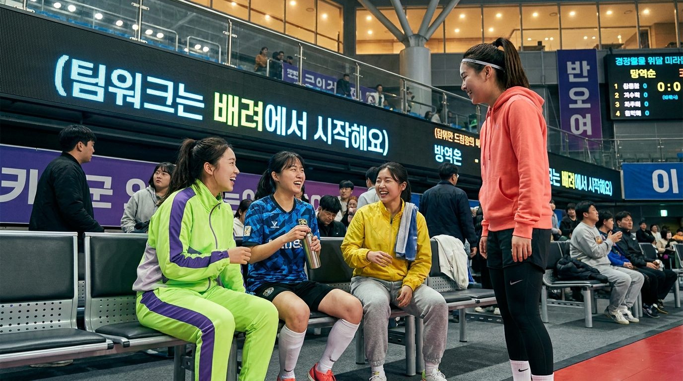 풋살 여자 선수들이 휴식 시간에 이야기하며 친근하게 웃고 있다
