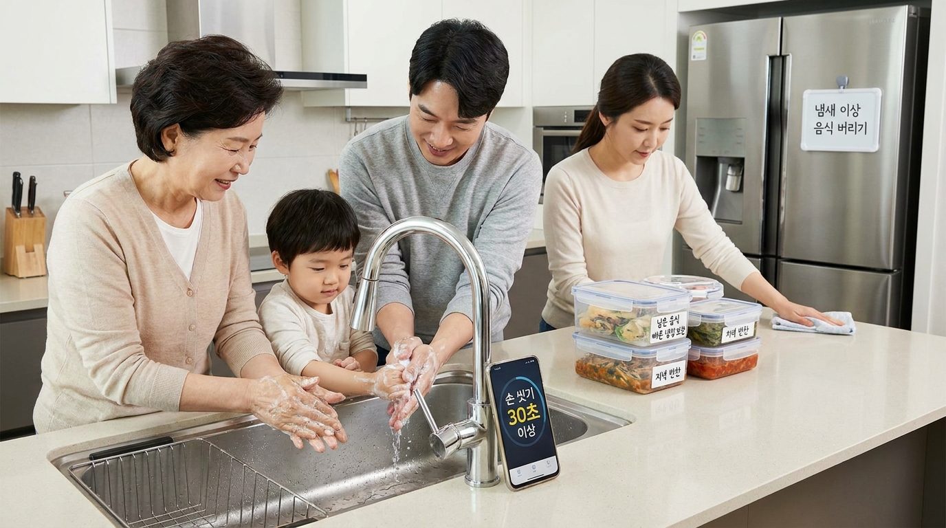 식중독 예방을 위한 손 씻기, 빠른 냉장 보관 및 청결한 주방 환경을 보여주는 현대 한국 가정의 모습