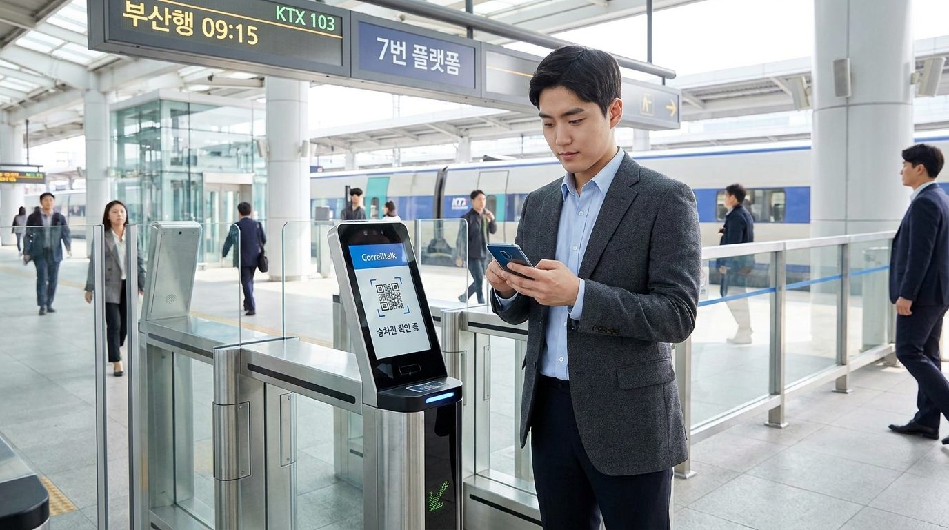 현대 KTX 승차권 개찰구에서 모바일 승차권을 보여주는 한국인 직장인 모습