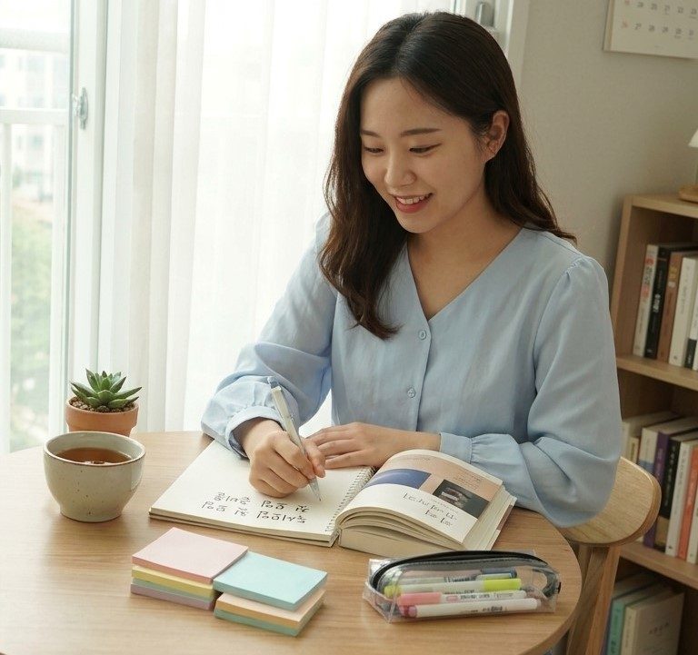 첫 독서모임 준비를 하는 젊은 한국 여성의 따뜻하고 밝은 실내 모습, 책과 필기구가 테이블 위에 놓여 있다.