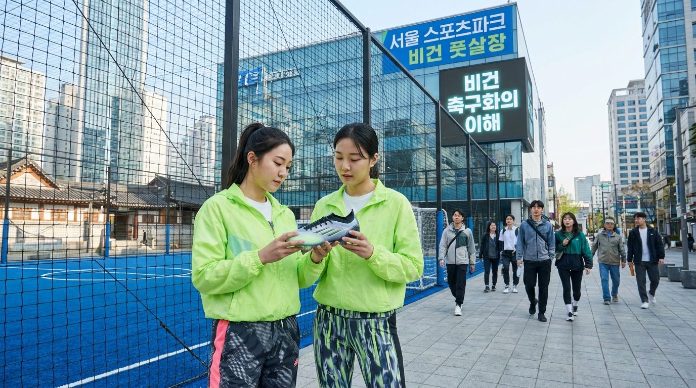 비건 축구화에 대해 알아보는 젊은 한국 여성 풋살 선수의 고화질 실사 이미지