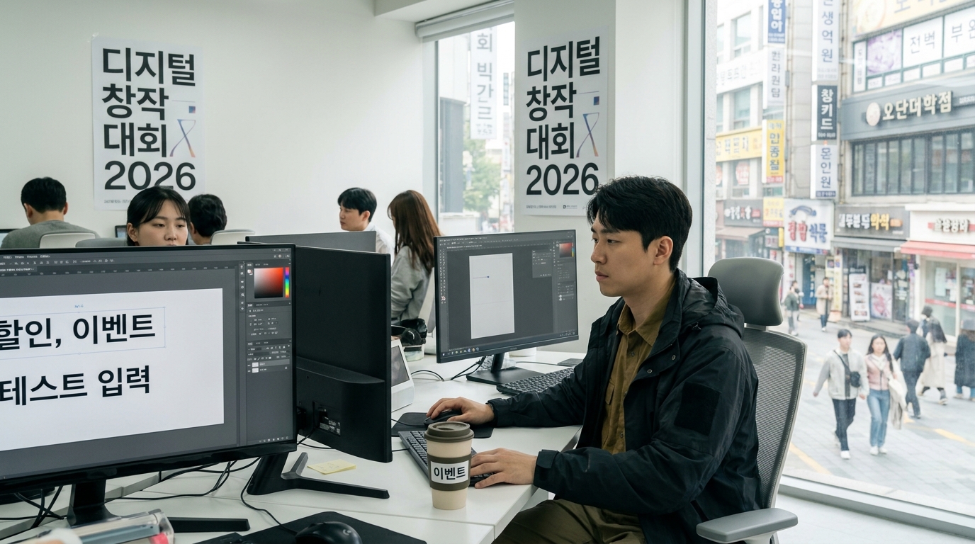 현대 한국의 디지털 아티스트가 한글 텍스트 프롬프트를 컴퓨터 화면에서 시험하는 모습의 선명한 실사 사진