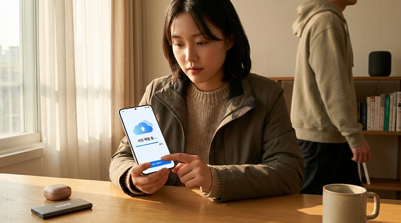 스마트폰에서 클라우드로 데이터를 백업하는 한국인 근접 촬영 이미지