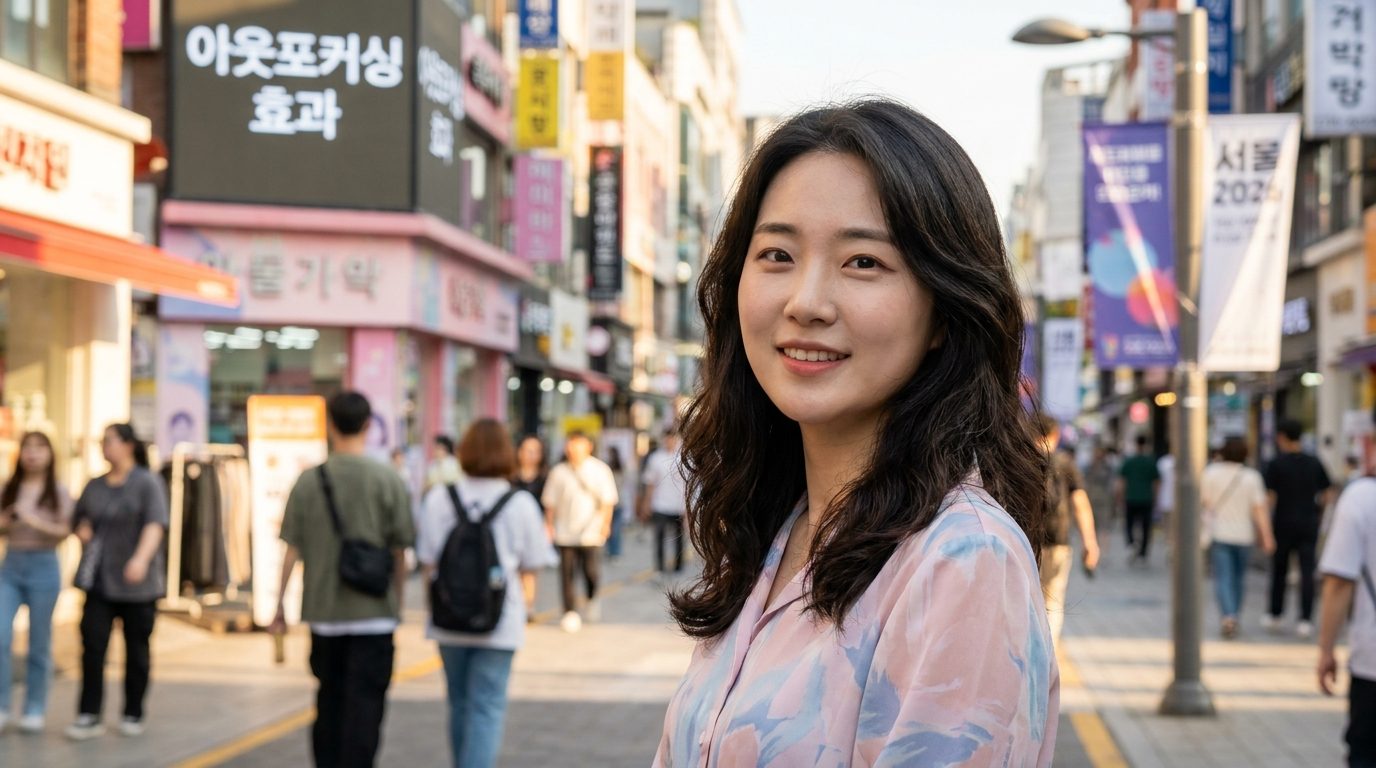 DSLR 카메라로 선명하게 인물을 촬영하고 배경은 부드럽게 보케 처리된 한국의 도시 거리에서 미소짓는 젊은 여성 인물 사진