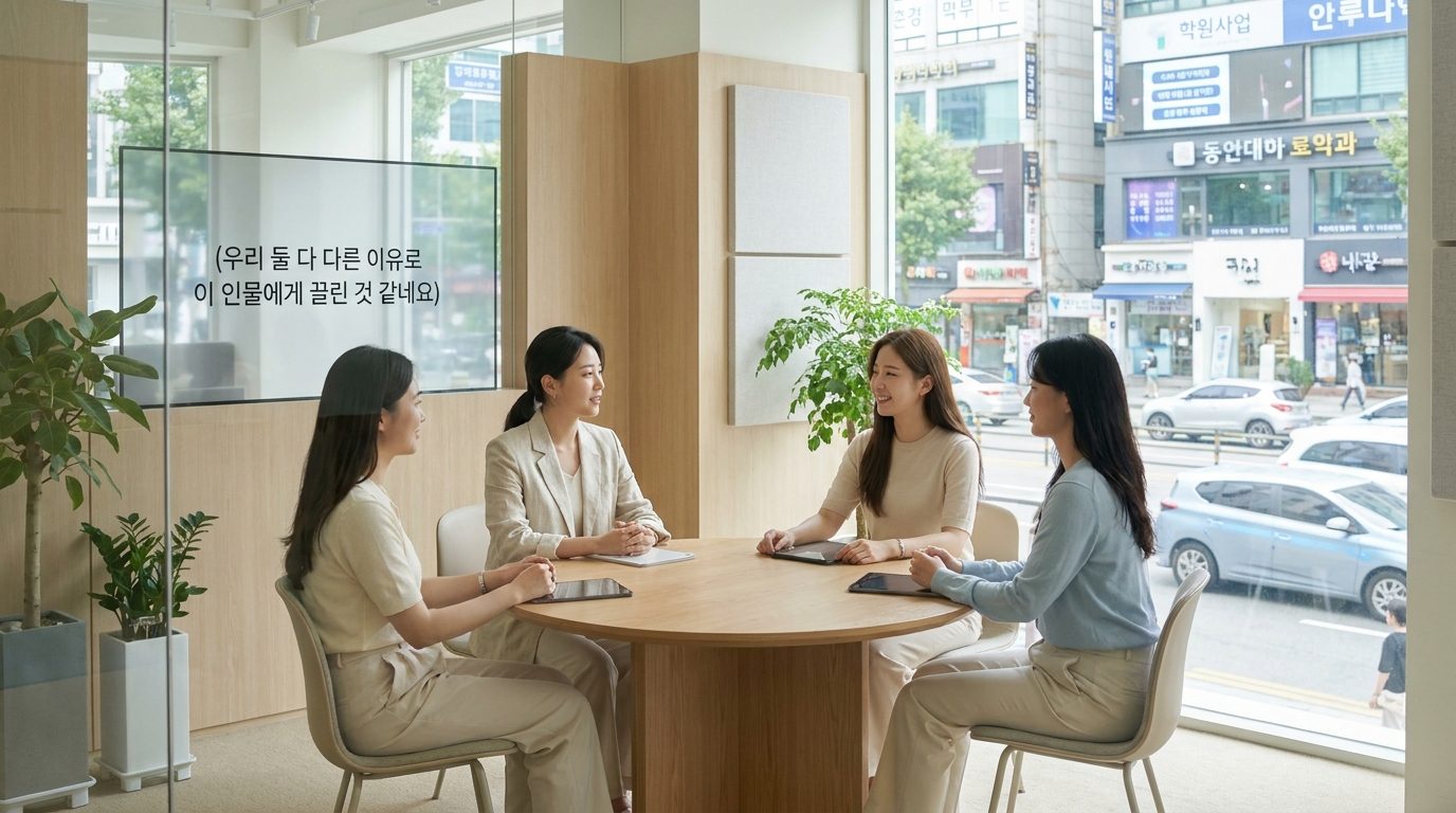 부드러운 조명이 비추는 현대적인 한국 회의실에서 여성들이 원탁에 앉아 평화롭고 우아하게 토론을 마무리하는 장면