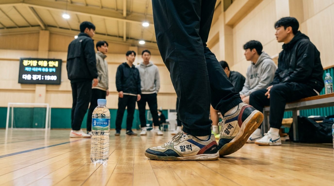 한국 풋살 선수의 풋살화와 정강이 보호대를 클로즈업한 사진, 바닥에 놓인 한국어 문구가 보이는 물병과 함께