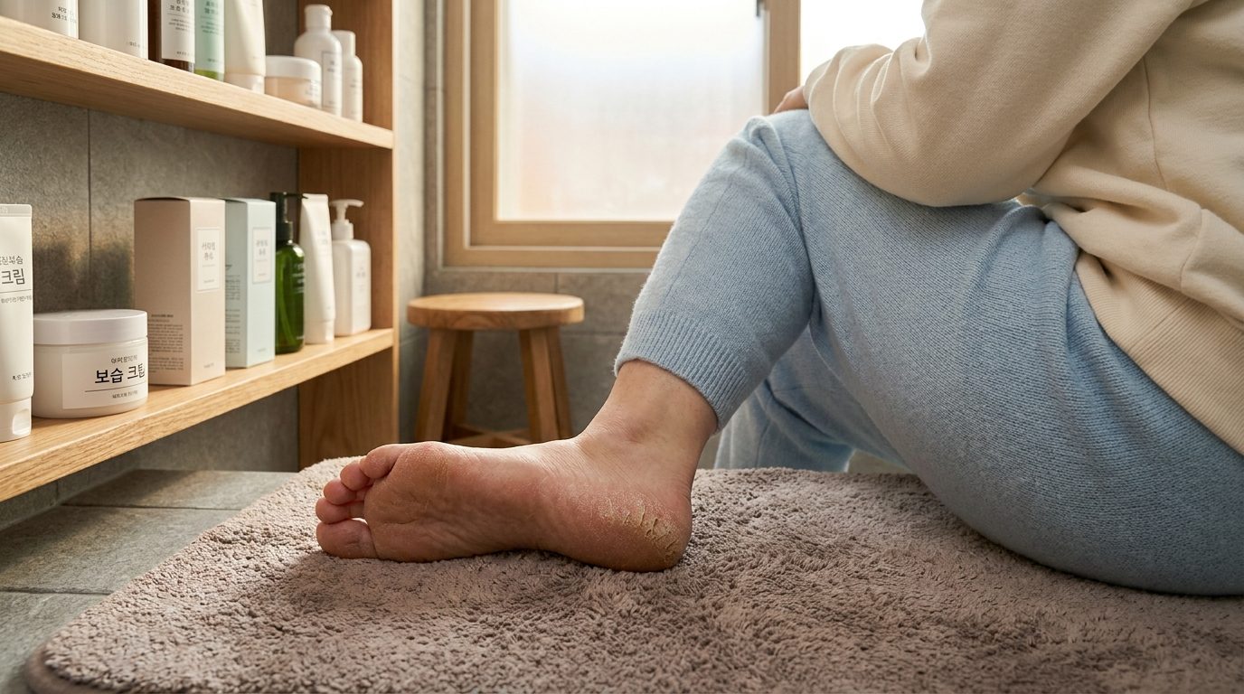 발뒤꿈치갈라짐 원인, 건조하고 갈라진 발뒤꿈치의 클로즈업 이미지