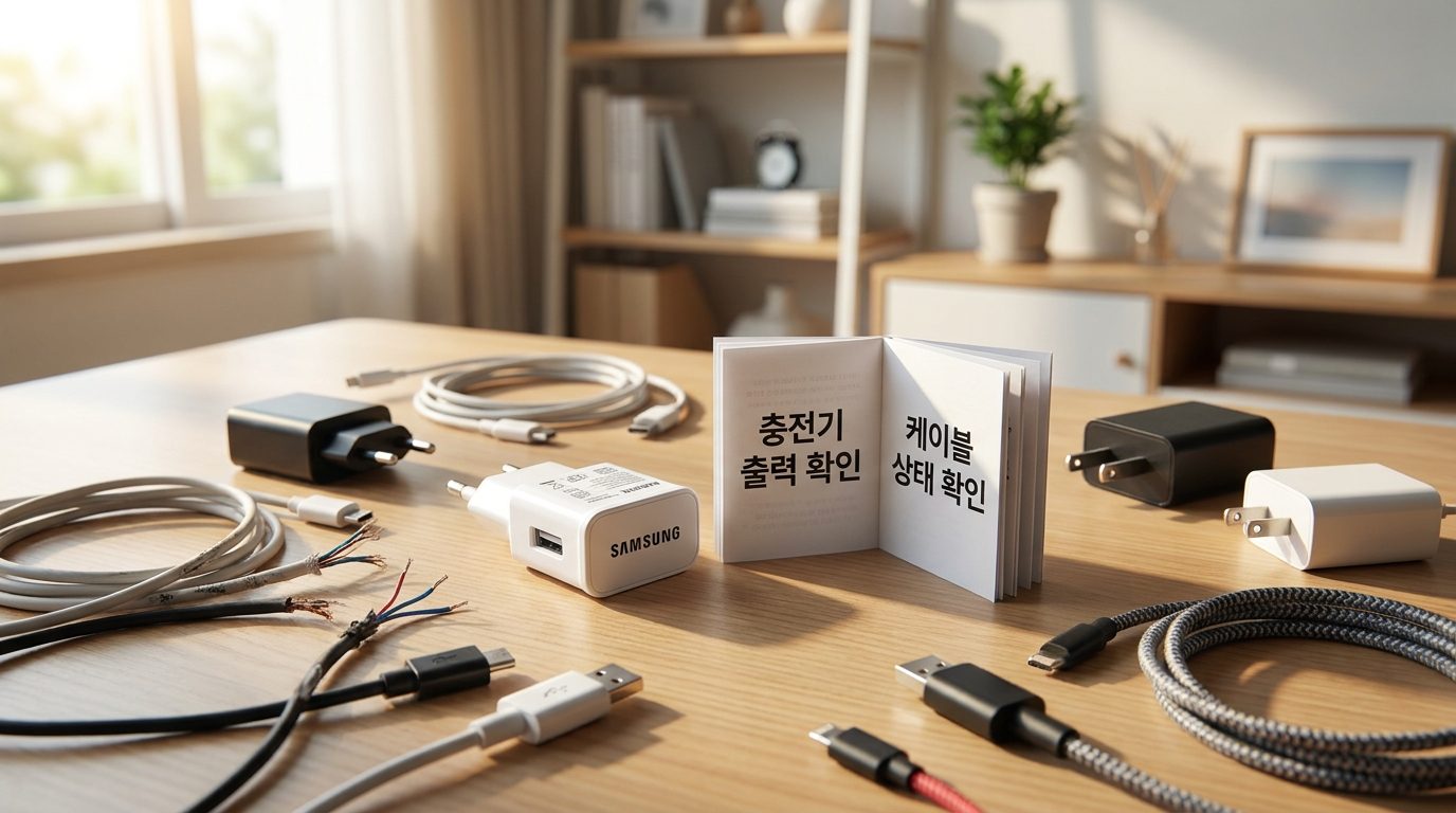 충전기 출력과 케이블 상태를 확인하는 모습을 보여주는 2026년 한국의 실내 공간