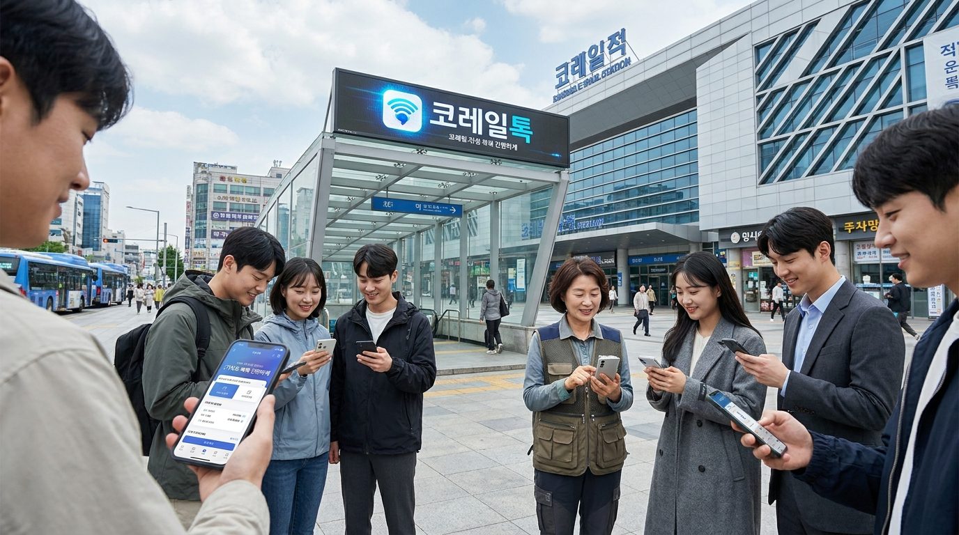 KTX 예매 방법: 스마트폰으로 코레일톡 앱을 사용해 KTX 승차권을 예매하는 현대 한국 도시역 입구의 다양한 한국인들 모습