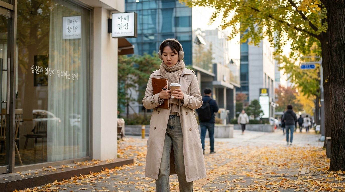 가을 거리에서 음악을 들으며 커피를 들고 걷는 한국인 여성 모습