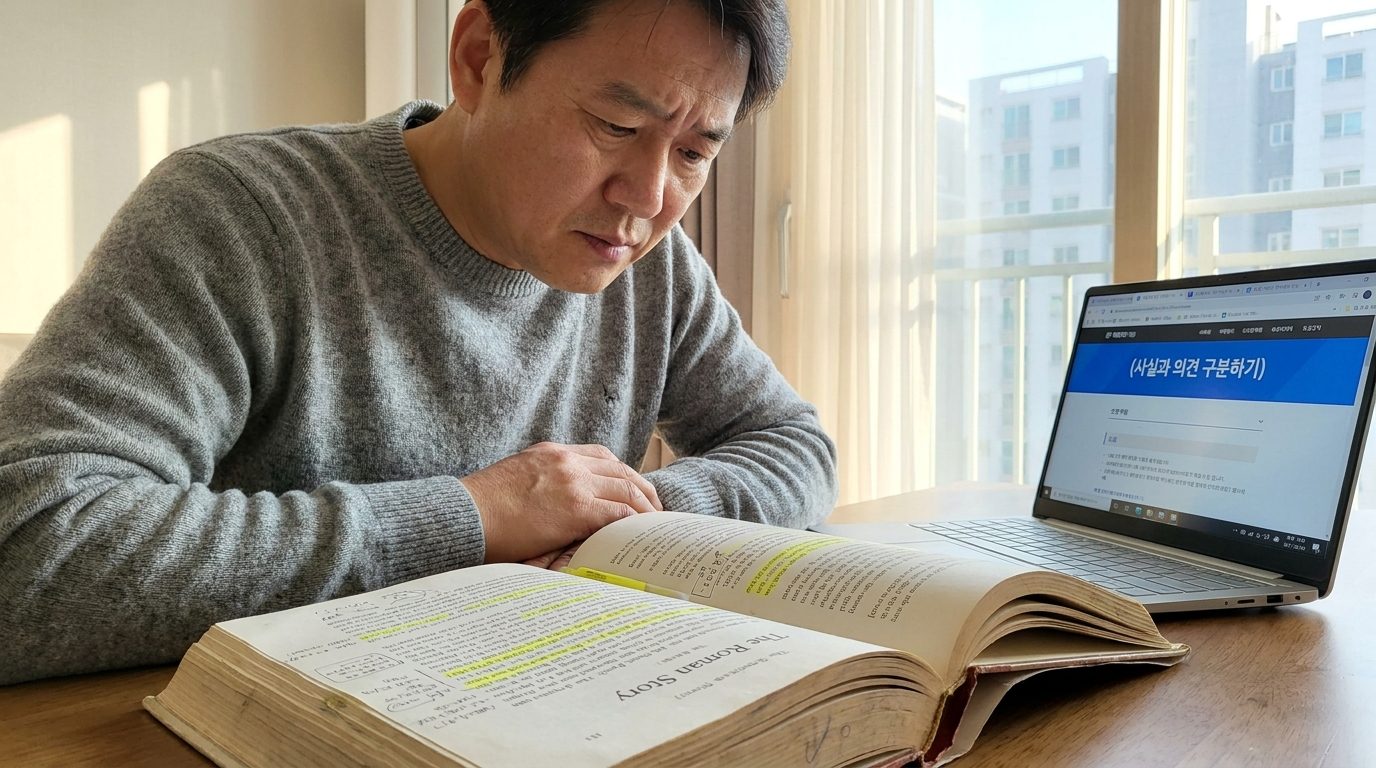 한국 현대 가정에서 역사책을 비판적으로 읽으며 노트북으로 공부하는 모습