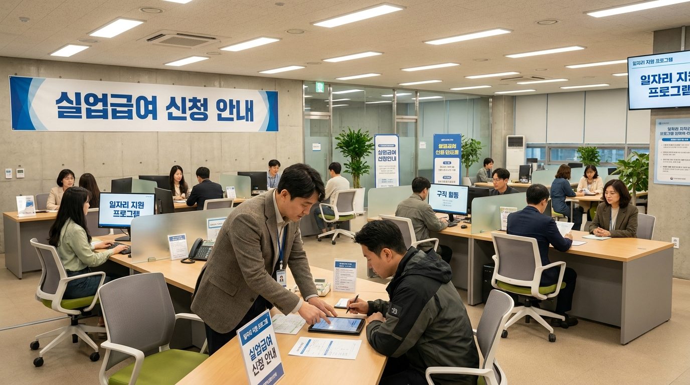 한국 고용센터 내부에서 다양한 한국인들이 실업급여 상담을 받고 있는 모습, 벽에 (실업급여 신청 안내) 현수막이 걸려 있음