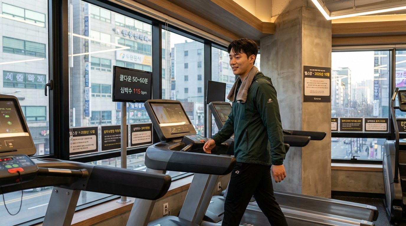 러닝머신에서 쿨다운하는 한국 남성, 헬스장 내부의 현대적인 모습과 한국어 안내문.