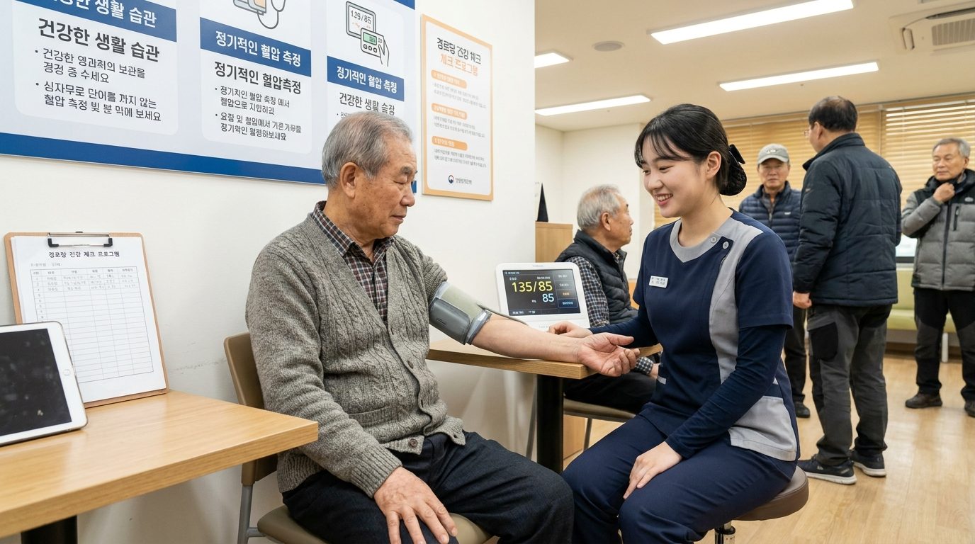 경로당에서 혈압 체크 프로그램에 참여하는 한국 노년 남성과 자원봉사 간호사의 모습