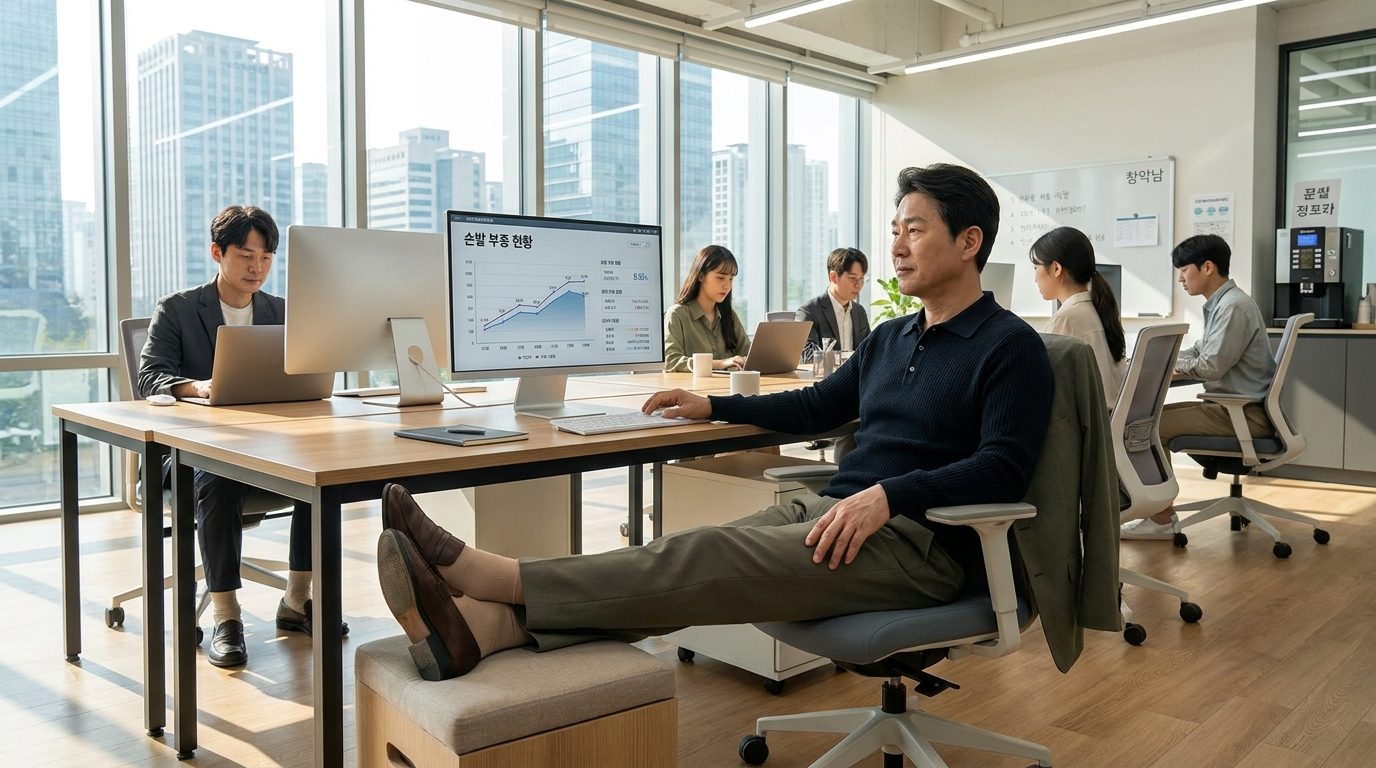 손발 붓는 이유, 사무실에서 다리를 식탁 위에 올리고 있는 한국인 직장인의 다리와 발이 붓는 모습