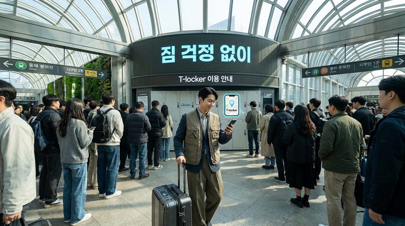 T라커 사용법: 서울 지하철역 안에서 스마트폰으로 T라커 위치를 확인하는 여행자 모습