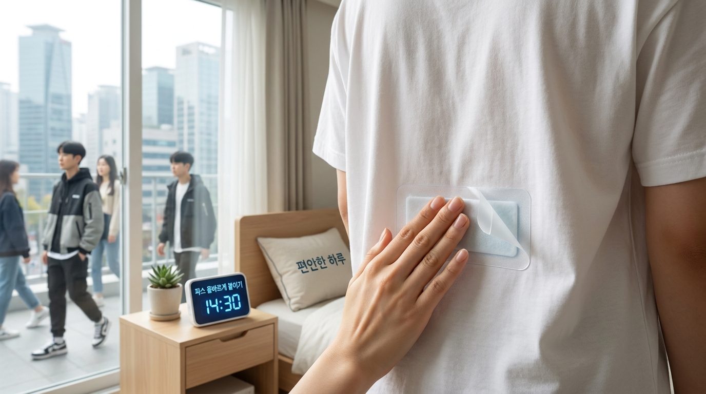한국인 손이 허리에 쿨파스를 신중하게 붙이는 모습의 실사 클로업 이미지
