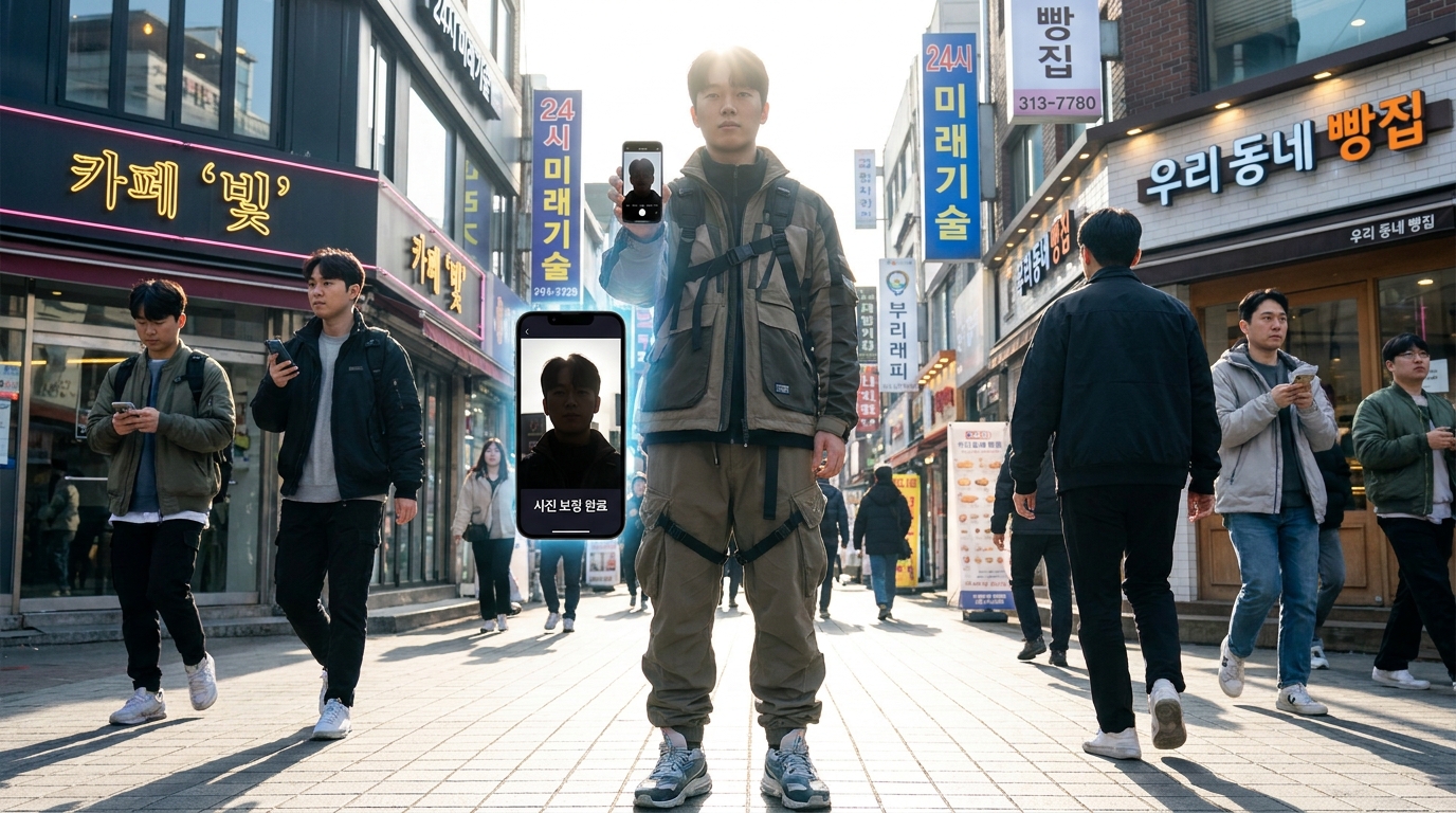 역광 사진을 스마트폰 AI 앱으로 즉시 보정하는 젊은 한국 남성의 모습, 배경은 한국 도심 거리 풍경