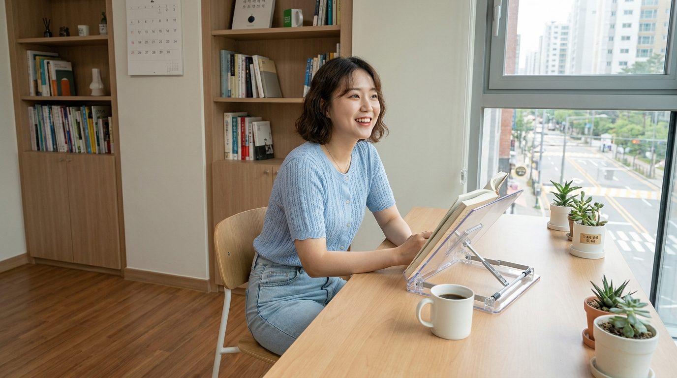 독서대 추천 비교: 현대적인 한국의 아늑한 공부 공간에서 저가형 플라스틱·스틸 독서대를 사용 중인 젊은 여성이 자연광 아래 편안한 모습으로 앉아 있다.