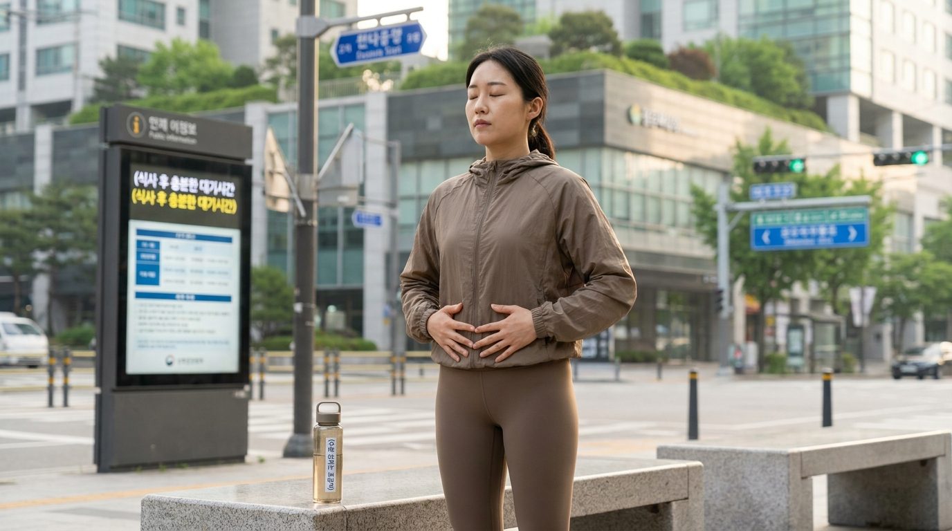 옆구리 통증 예방을 위한 복식호흡과 준비운동을 하는 한국인 러너 모습