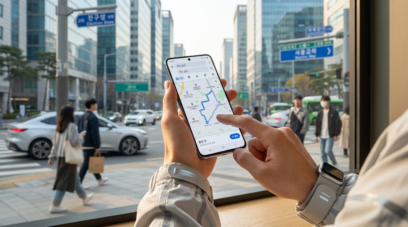 스마트폰으로 네이버 지도 앱을 사용하는 모습, 한글이 표시된 간단한 지도 화면을 밝은 자연광 아래서 클로즈업한 이미지