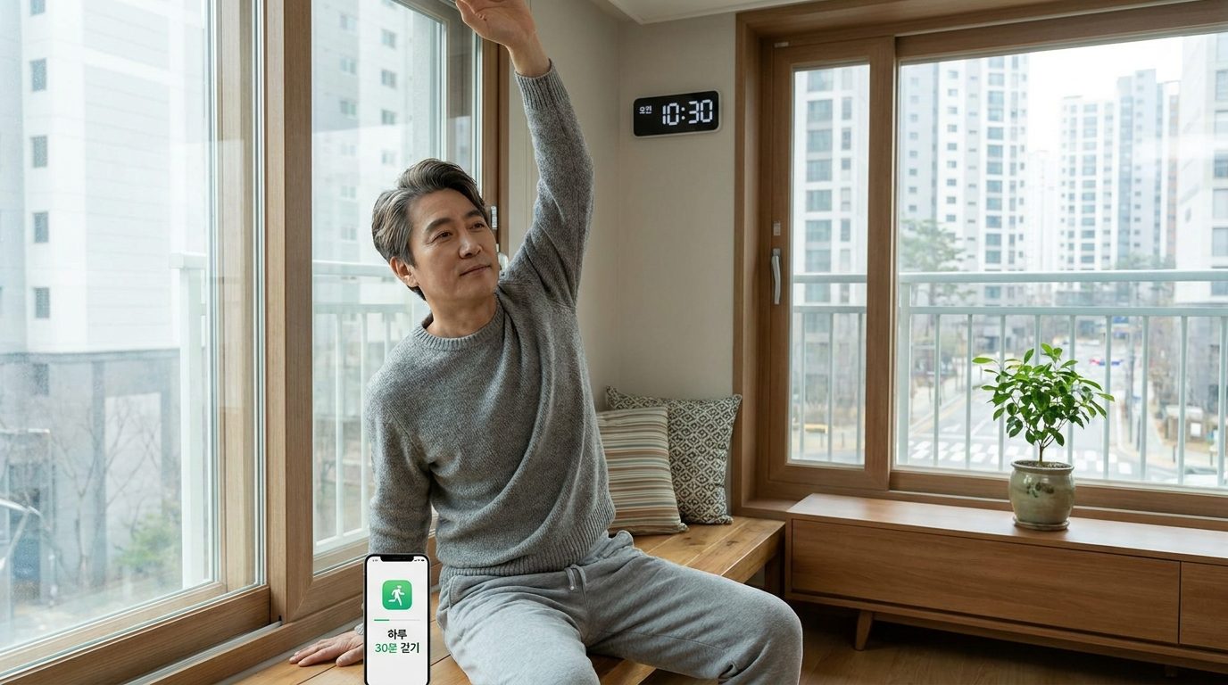 한국 가정에서 실내 스트레칭 운동을 하는 중년 한국인 남성