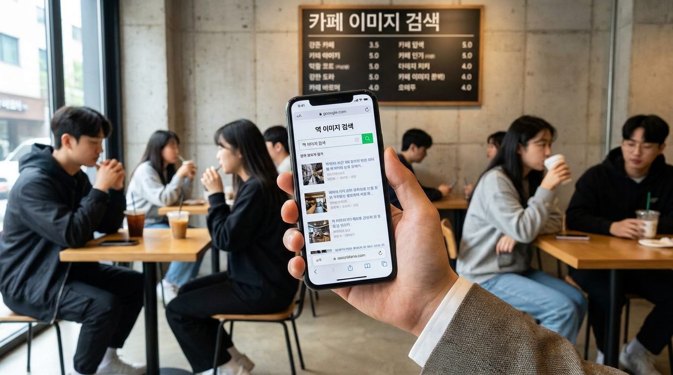 카페에서 스마트폰으로 역 이미지 검색을 하는 모습