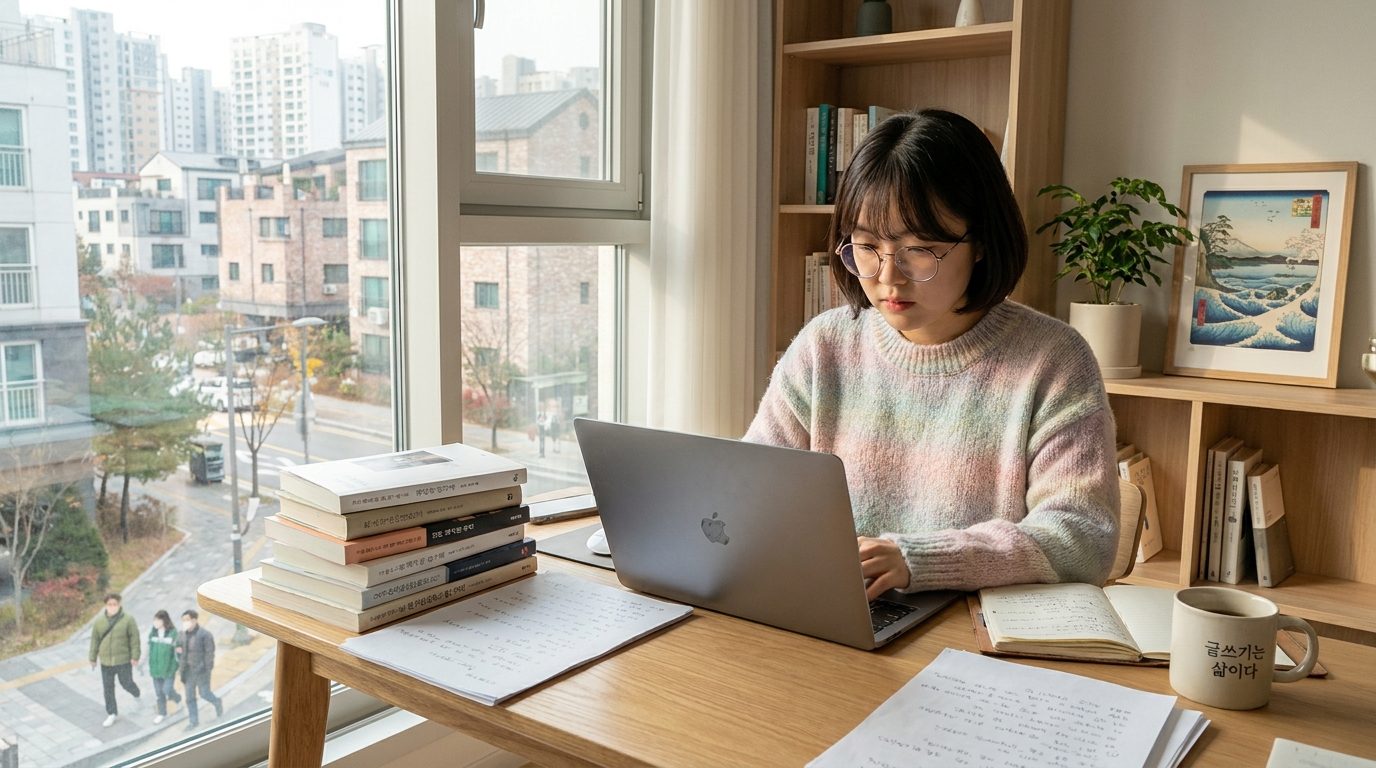 따뜻한 자연광 아래 도시 근처 아늑한 공간에서 노트북과 책을 보며 글쓰기에 몰두하는 여성 작가의 모습