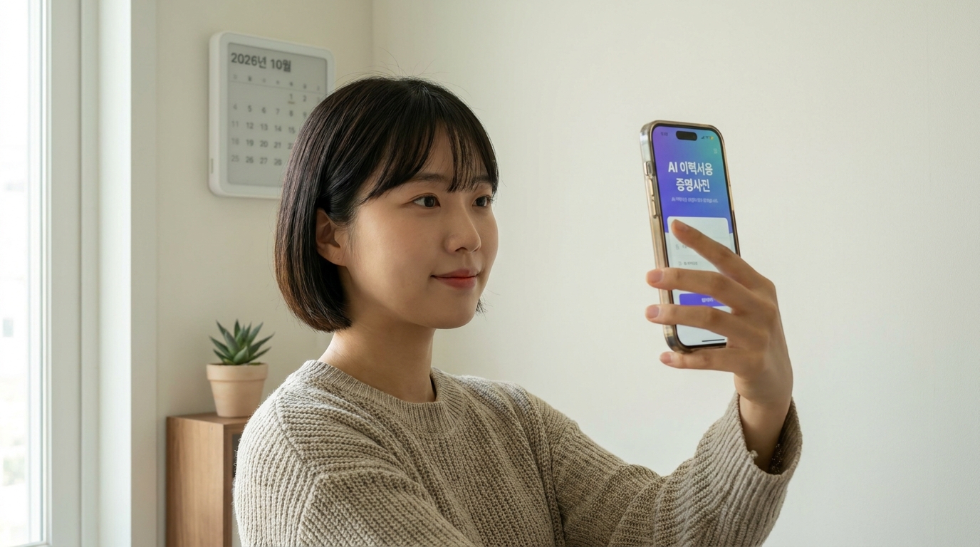 스마트폰으로 단색 벽 앞에서 이력서용 AI 증명사진을 준비하는 한국 청년의 모습