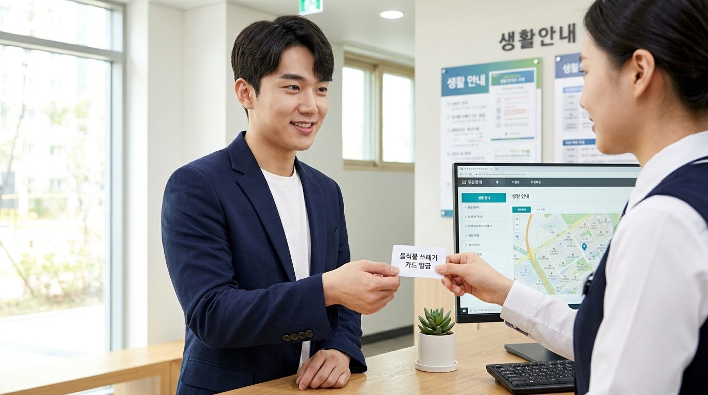 관리사무소에서 RFID 음식물 쓰레기 카드를 발급받는 장면의 근접 사진