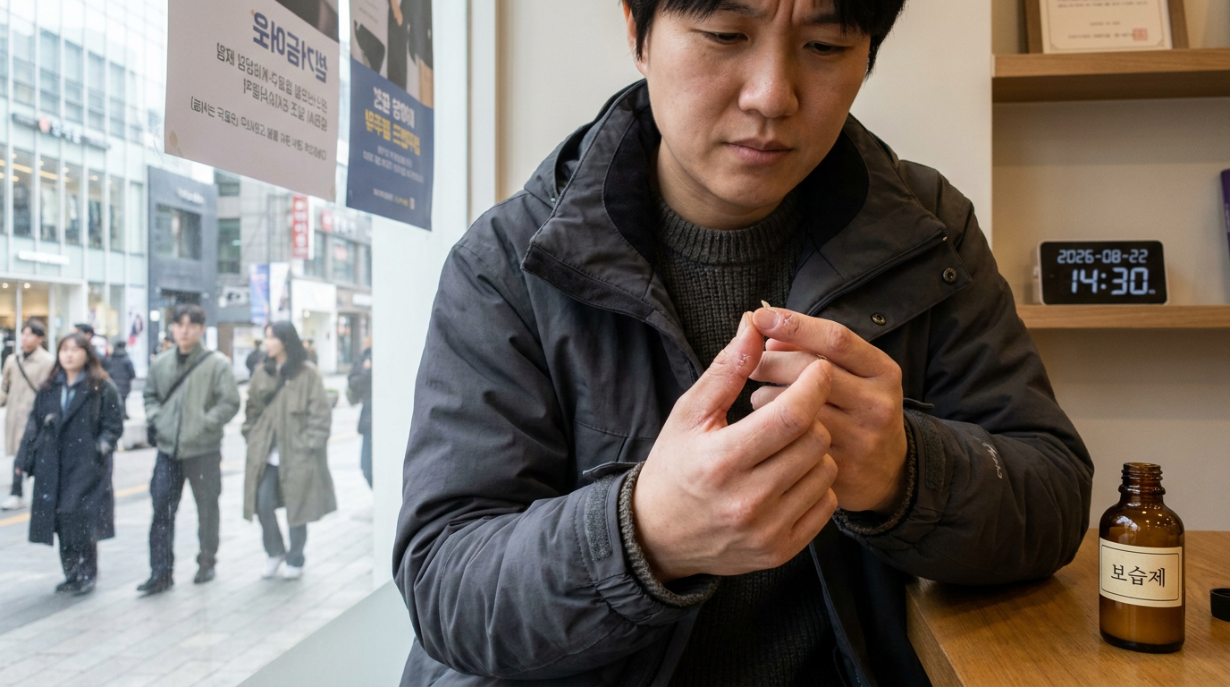 손톱 주변에 건조하고 거스러미가 있는 손가락을 따뜻한 자연광 아래에서 부드럽게 만지는 모습
