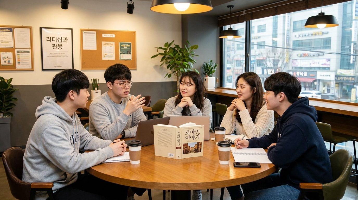 한국 독서 모임에서 리더십과 관용 주제로 심도 깊은 토론 중인 모습