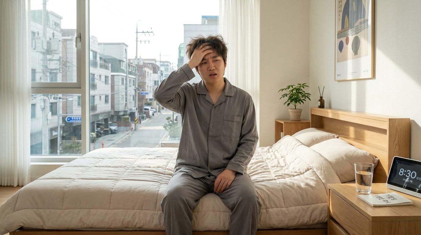 아침에 일어나자마자 어지러워하는 한국인 청년이 현대적인 한국식 침실에서 침대 가장자리에 앉아 있는 모습