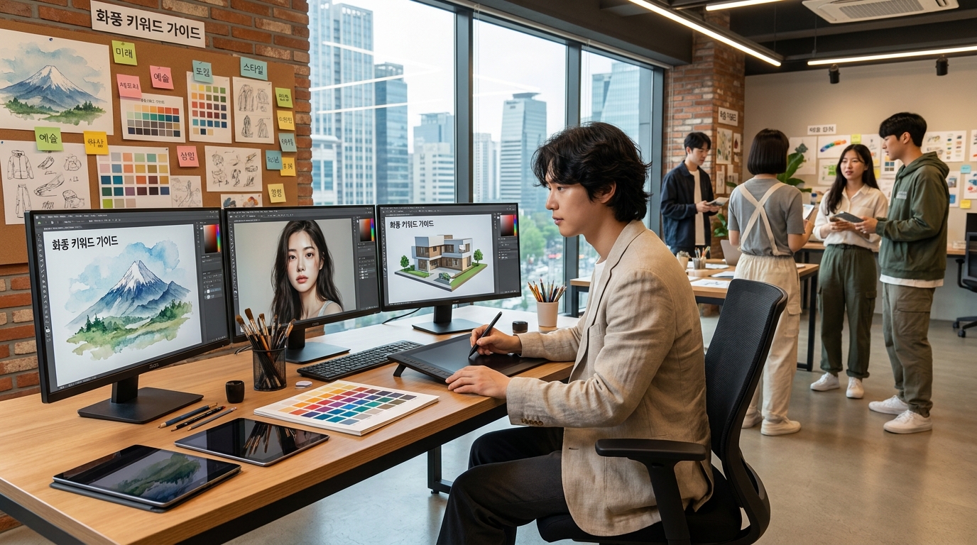 AI 이미지 생성 도구와 다양한 화풍을 작업하는 한국 디지털 아티스트의 현대적인 편집 스튜디오 장면
