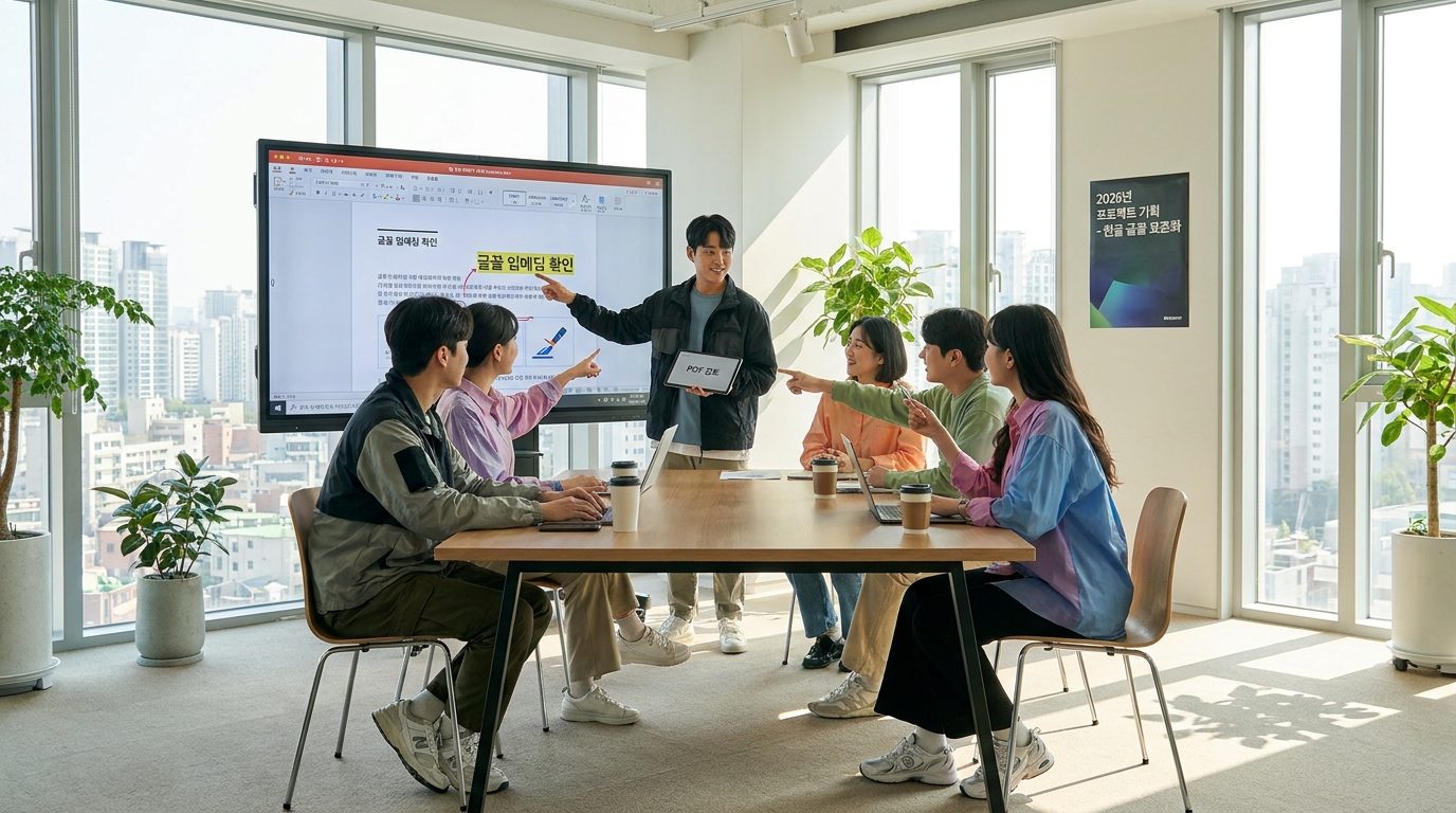 PDF 글꼴 임베딩과 레이아웃을 점검하는 젊은 한국 직장인 협업 장면