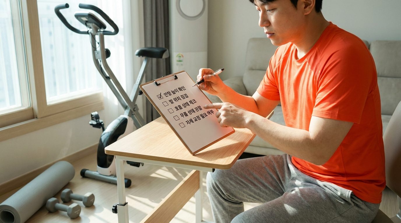 한국 성인이 거실 책상에서 실내자전거 운동 전 점검 목록을 확인하며 체크하는 모습 선명하게 표현