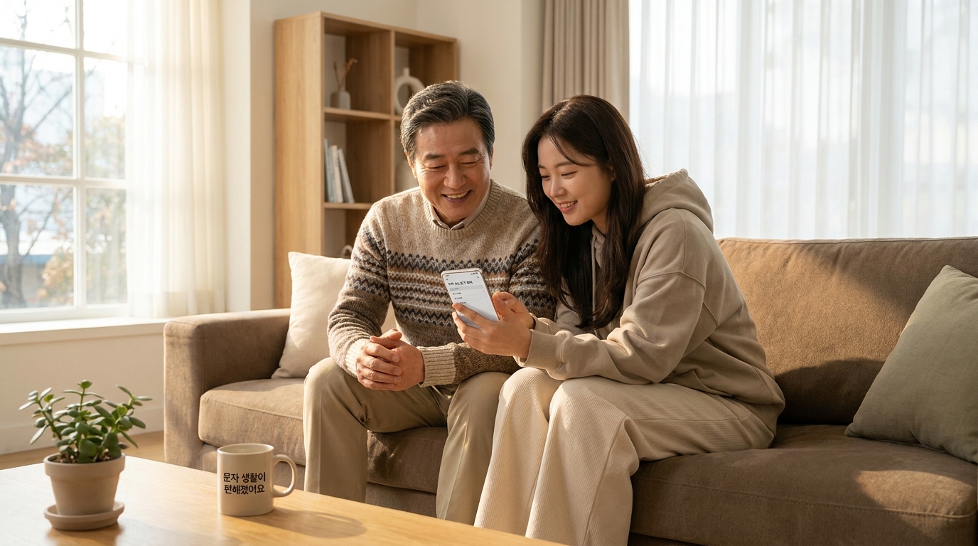 모던한 한국 거실에서 조부모와 젊은 성인이 스마트폰을 보며 대화하는 모습, 자주 쓰는 문구 관리 화면이 보임.