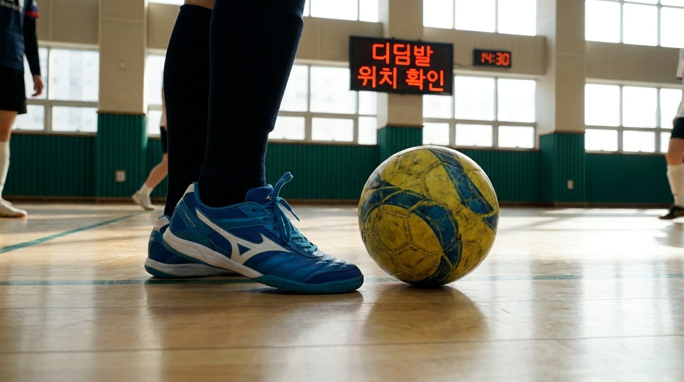 풋살 슈팅 중 디딤발 위치와 발끝 방향을 클로즈업한 한국 여성 선수의 축구화에 신은 발 사진
