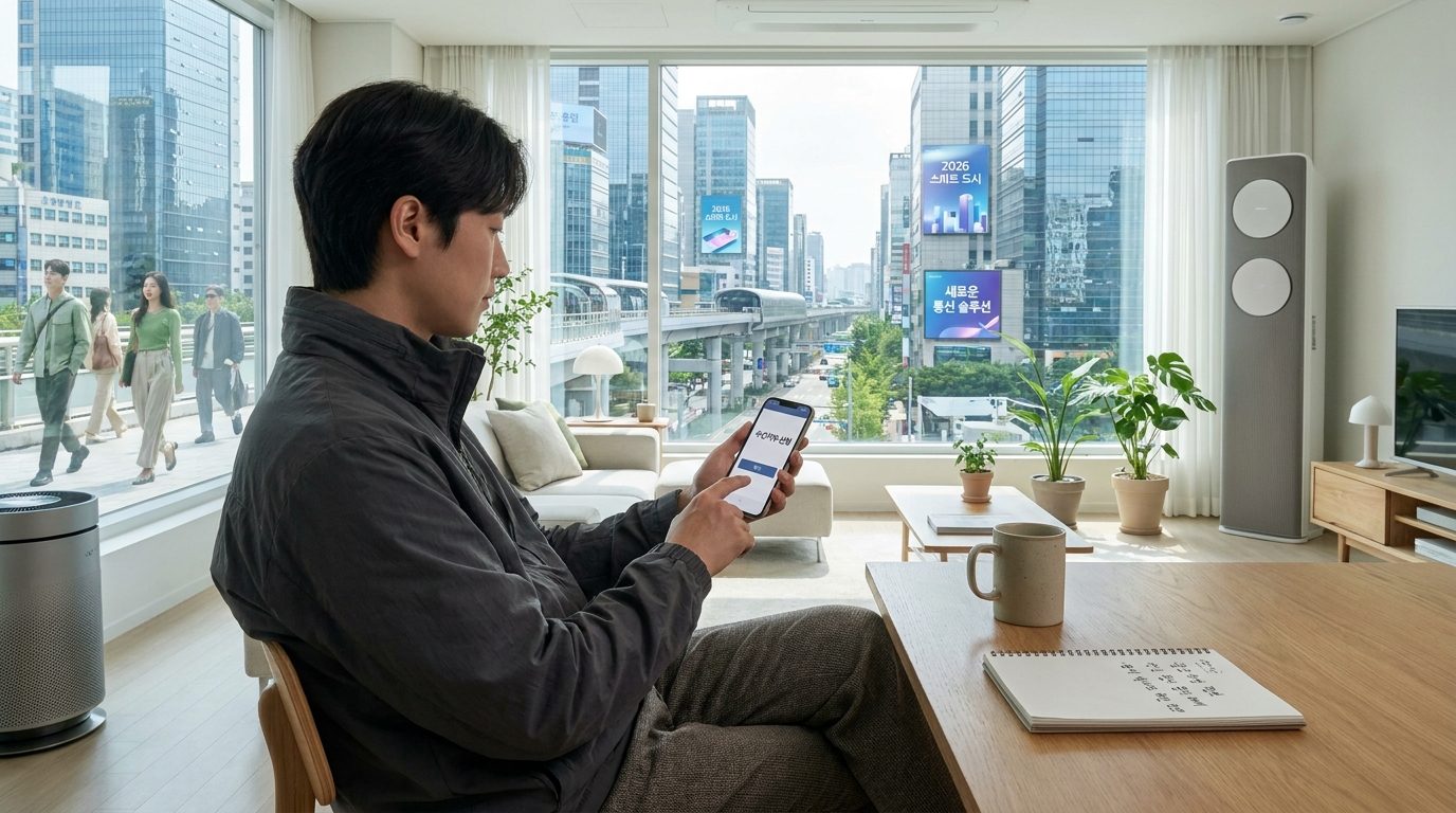 광고 문자 수신거부를 위해 통신사에 연락하는 한국인의 모습 주변 도시 풍경과 함께