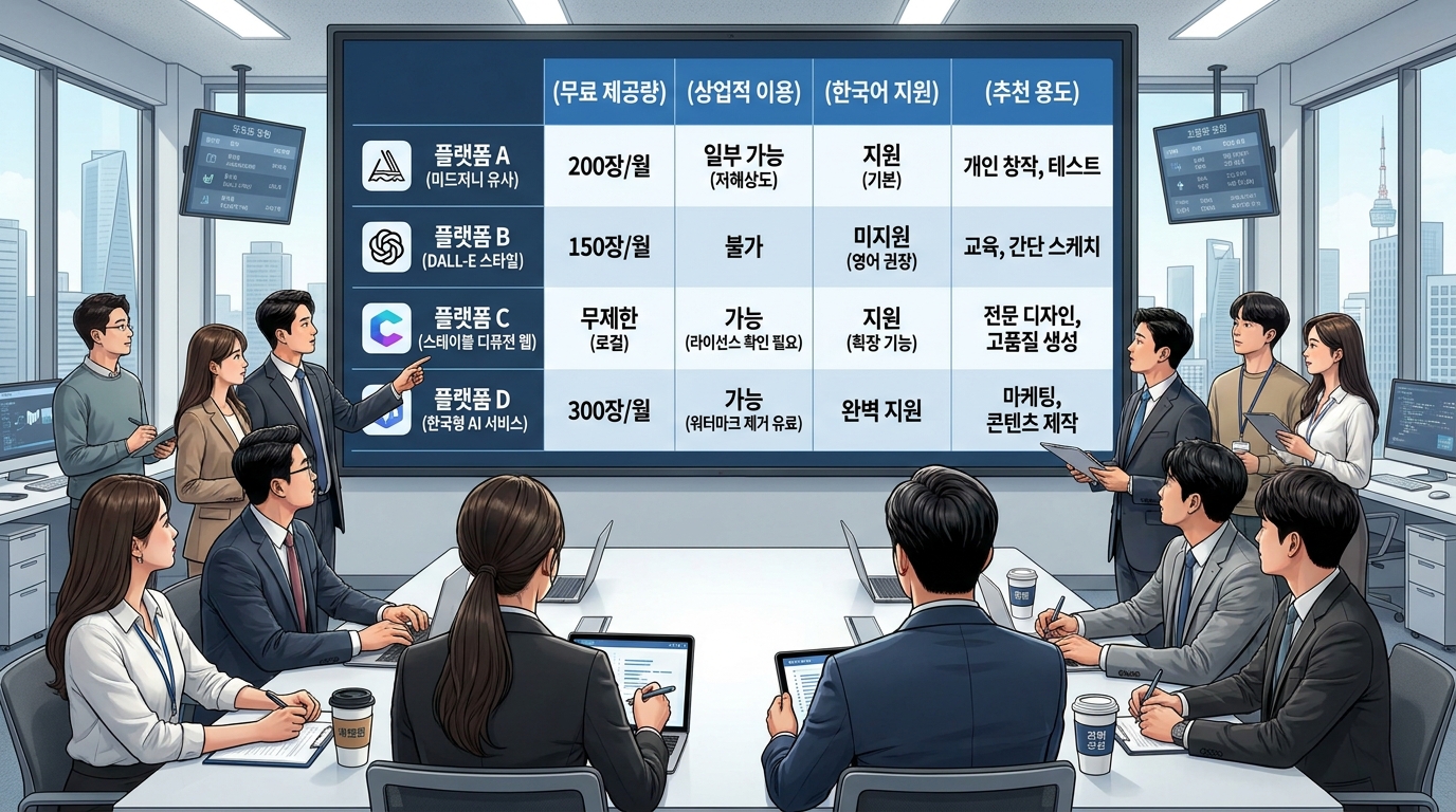 한국 기업 회의실에서 4개 AI 이미지 생성 사이트 무료 요금제 비교표를 보여주는 디지털 스크린 전경