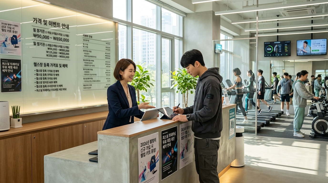 현대적인 한국 헬스장 접수 데스크에서 가격표와 이벤트 안내를 확인하는 모습