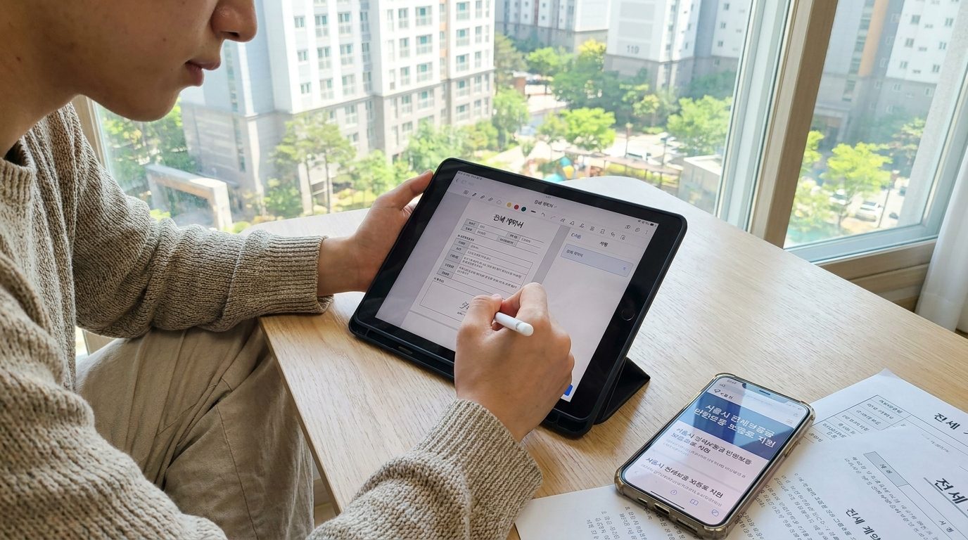 젊은 한국인이 집에서 전세보증금 반환보증 보증료 지원 신청을 태블릿으로 작성하는 모습