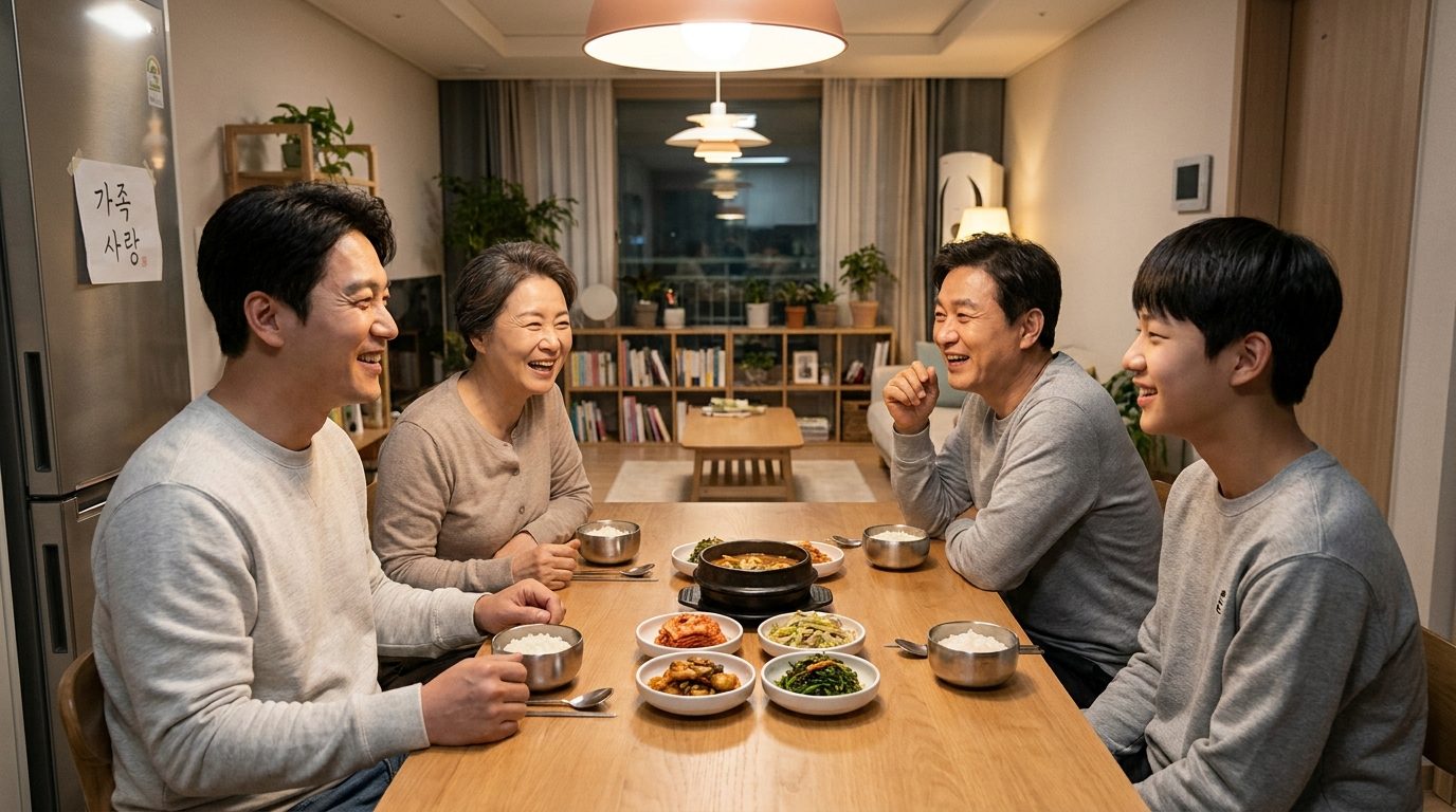 아늑한 집에서 식탁에 모여 행복하게 대화하는 한국 가족의 모습과 냉장고에 붙은 한글 메모(가족 사랑)
