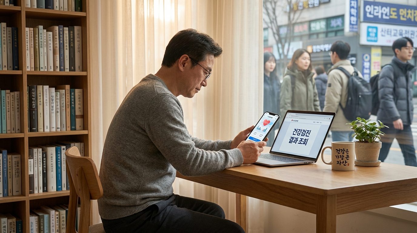 현대적인 집에서 '건강검진 결과 조회' 화면을 스마트폰으로 확인하는 중년 한국 남성의 모습