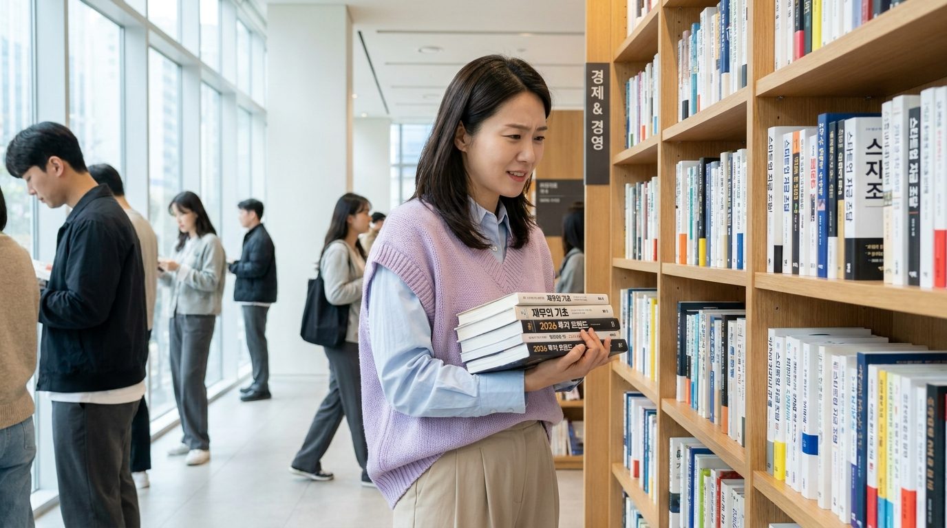 재테크 도서 추천: 2030대 한국 여성 직장인이 최신 스타일로 꾸민 서점 경제경영 코너 앞에서 다양한 재테크 도서를 살피는 모습